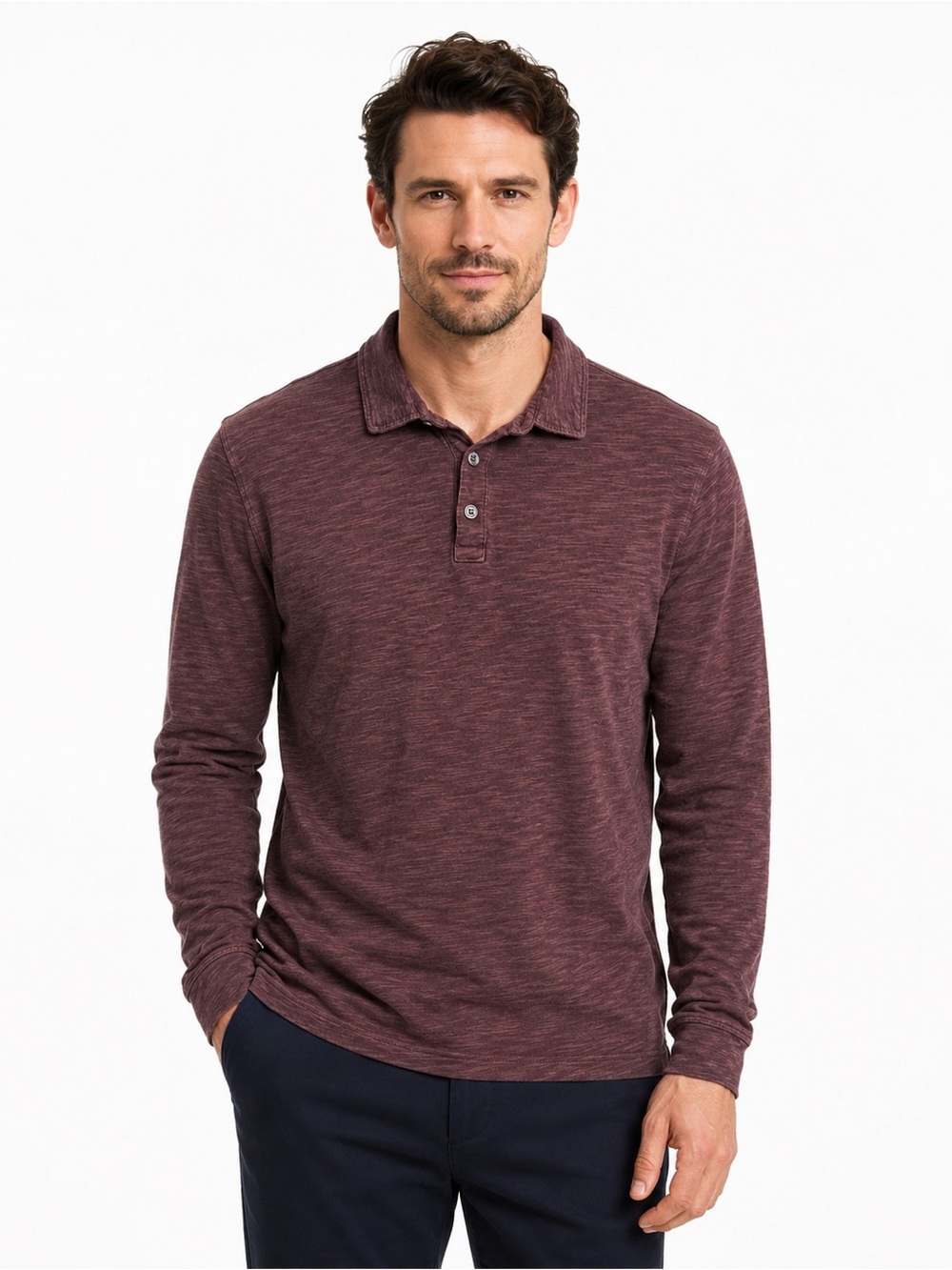 Robert Barakett Men’s Long Sleeve Polo Shirt Burgundy Heather Size L EUC